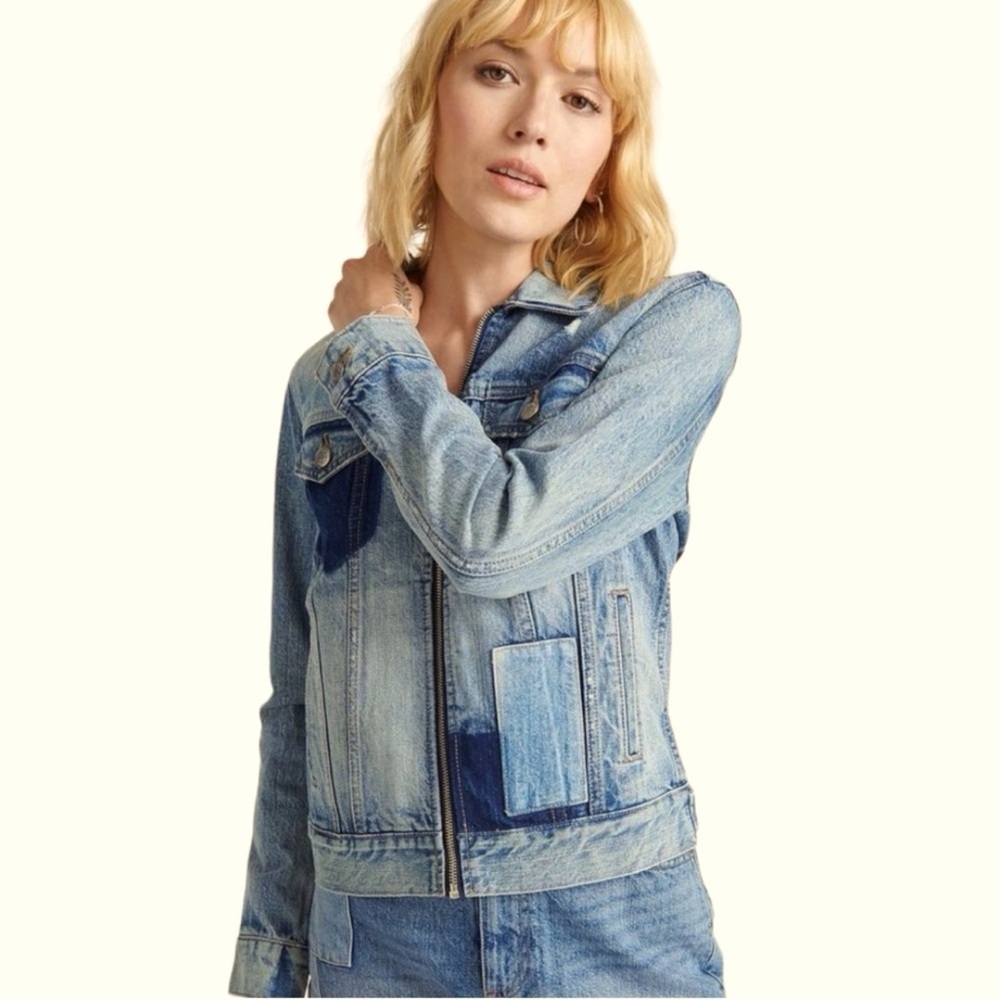 Lucky Brand Patchwork Tommy Trucker Denim Jacket Jean Jacket Zip Front Blue S